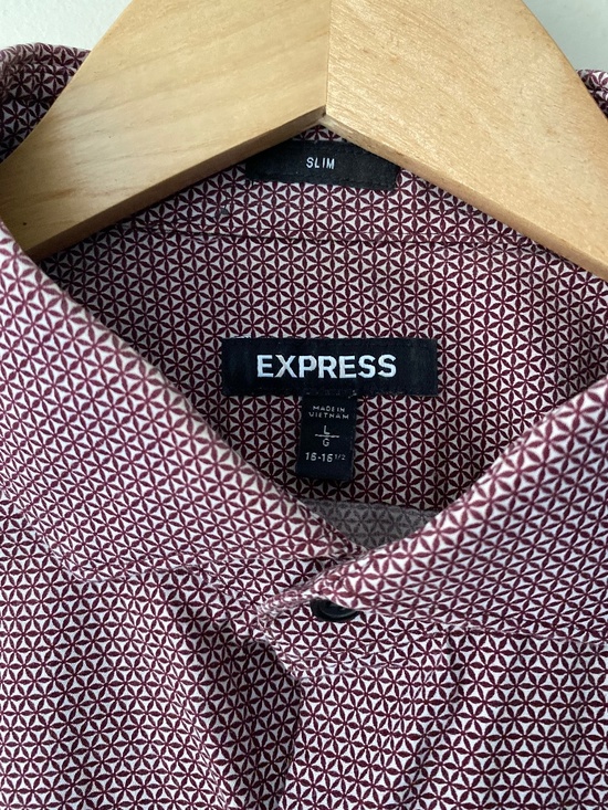 Express Other - Express Slim Fit Dress Shirt Mens Large Burgundy Red Geometric Print Button Down